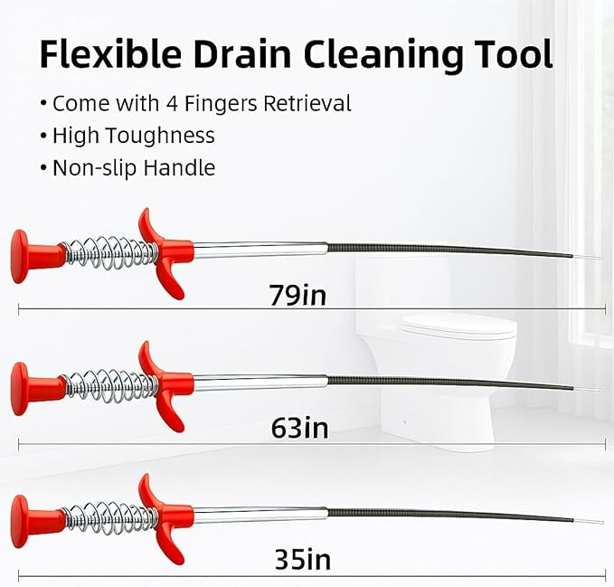 Drain Snake, Drain Cleaner & Hair Clog Remover Tool – Flexible Plumbing Snake for Toilet, Sink, Shower, Bathtub – Heavy Duty Manual Drain Auger with Grabber (35inches, 63inches, 79inches)