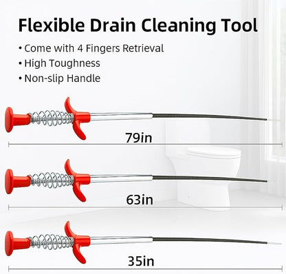Drain Snake, Drain Cleaner & Hair Clog Remover Tool – Flexible Plumbing Snake for Toilet, Sink, Shower, Bathtub – Heavy Duty Manual Drain Auger with Grabber (35inches, 63inches, 79inches)