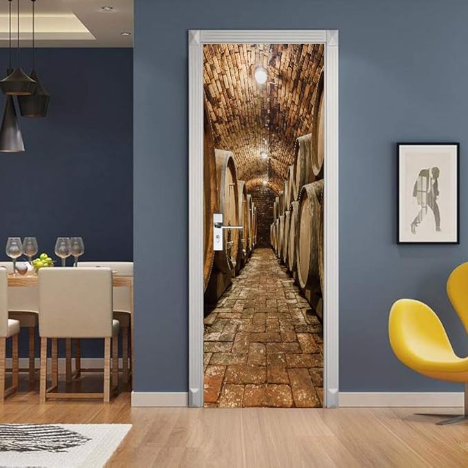 3D Door Stickers Murals Peel and Stick - Wine Cellar Wallpaper Self-Adhesive Decals Removable PVC Waterproof Poster for Bedroom Living Room Decoration 33.9" x 78.7"
