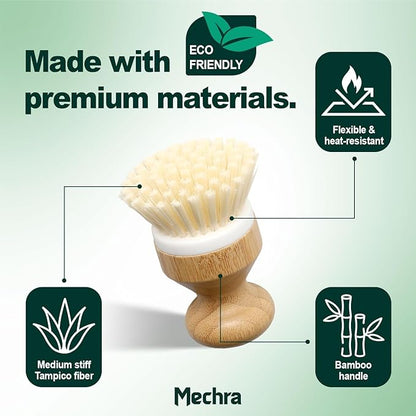 Bamboo Dish Scrub Brush with Natural Bristles by Mechra – Eco-Friendly Kitchen Cleaning Brush, Ergonomic Wooden Handle for Dishwashing, Pots, Pans & Sink Scrubbing