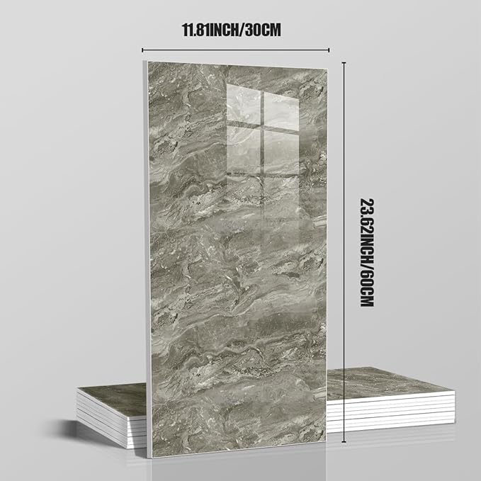 10pcs Marble Peel and Stick Waterproof Wall Panels,Heat-Resistant Backsplash Tile, 23.6"x11.8" PVC Foam Wall Sticker for Kitchen,Living Rooms, Bedrooms TV Walls,Grey (Not Real Tile 19.4Sq. Ft.)