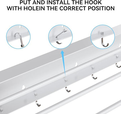 Collapsible Laundry Drying Rack Wall Mounted - 34.65 Inch Metal Clothing Drying Rack with 6+6 Hooks, Retractable Foldable Dryer Racks for Laundry Drying Indoor, Heavy Duty Towel & Coat Hanger