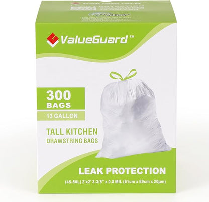 ValueGuard Large Trash Bag 13 Gallon Tall Drawstring 100% Post-Consumer Recycled Garbage Bag Waste Bag for Kitchen Office 0.8 Mil (300 Count)