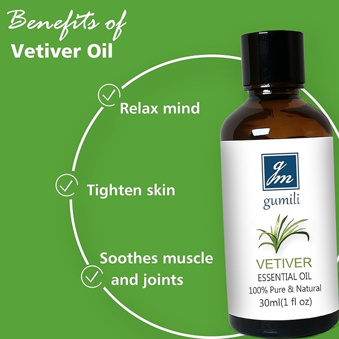 GM Gumili Vetiver Essential Oil 1 Oz - 100% Pure & Natural Vetiver Oil for Diffuser, Aromatherapy, Skin, Hair, Massage, Relaxing Scent