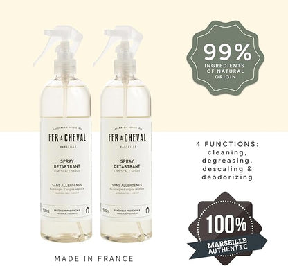Fer à Cheval Limescale Spray 500 ml/16.9 fl oz (2 Pack) – Plant-Origin Multi-Surface Cleaner for Hard Water Marks and Soap Residue, Made in France