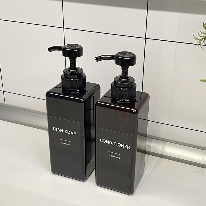 Black Soap Dispenser with Waterproof Labels, Thickened Plastic Hand Soap Dispenser for Bathroom, Kitchen Dish Washing Liquid Bottles, Shampoo and Conditioner Bottles with Funnel (16oz 2Pack Black)