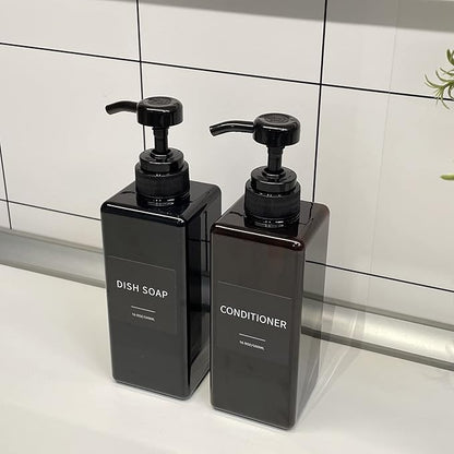 Black Soap Dispenser with Waterproof Labels, Thickened Plastic Hand Soap Dispenser for Bathroom, Kitchen Dish Washing Liquid Bottles, Shampoo and Conditioner Bottles with Funnel (16oz 2Pack Black)