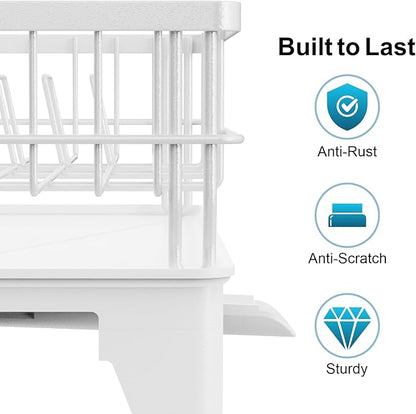 GSlife Expandable Dish Drying Rack for Kitchen Counter, Large Capacity 2-in-1 Rust Resistant Dish Drainer with Swivel Spout and Pull Out Over Sink Extension, 16.7" W x 12.6"-22.4" L, White
