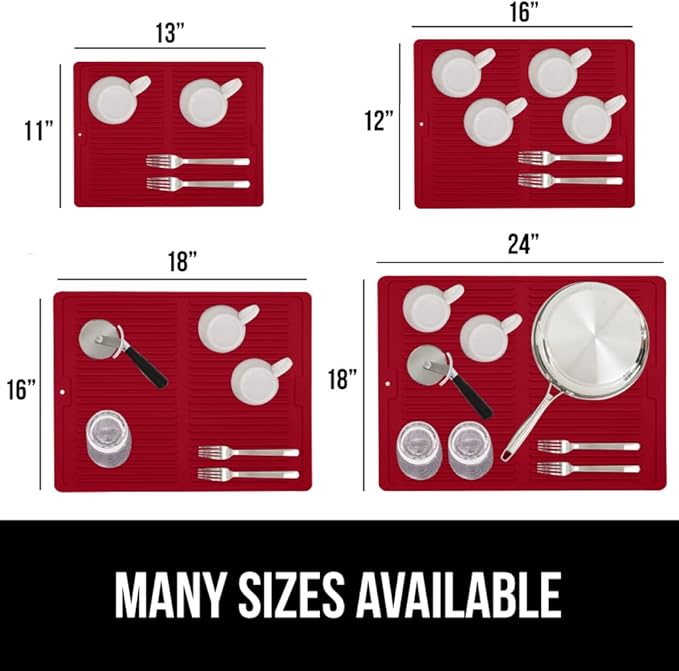 GORILLA GRIP 100% BPA-Free Patented Silicone Dish Drying Mat for Kitchen Counter, Water Catching Ribbed Design, Easy Clean Waterproof Sink Liner, Heat Resistant, Fits Under Rack, 11x13 Inch, Red