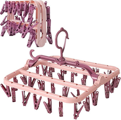 Clothes Drying Racks Foldable Clip Hangers Plastic with 32 Drying Clips Wind-Proof Hook Underwear Hanger for Socks Bras (Pink)