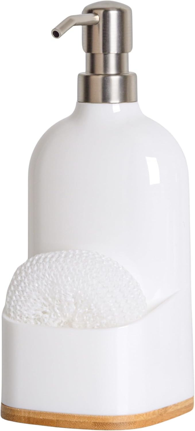 Kitchen Soap Dispenser with Sponge Holder, Refillable Acrylic Dish Soap Dispenser 17oz for Kitchen Sink and Bathroom, Anti Slip, Countertop Home Decor (White)