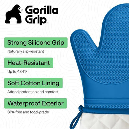 GORILLA GRIP BPA-Free Soft Silicone Oven Mitts, Heat Resistant and Waterproof Cooking Gloves, Thick Cotton Lining, Flexible Gripping for Baking Grilling, Kitchen Potholders Set of 2, 12.5x8.3, Aqua