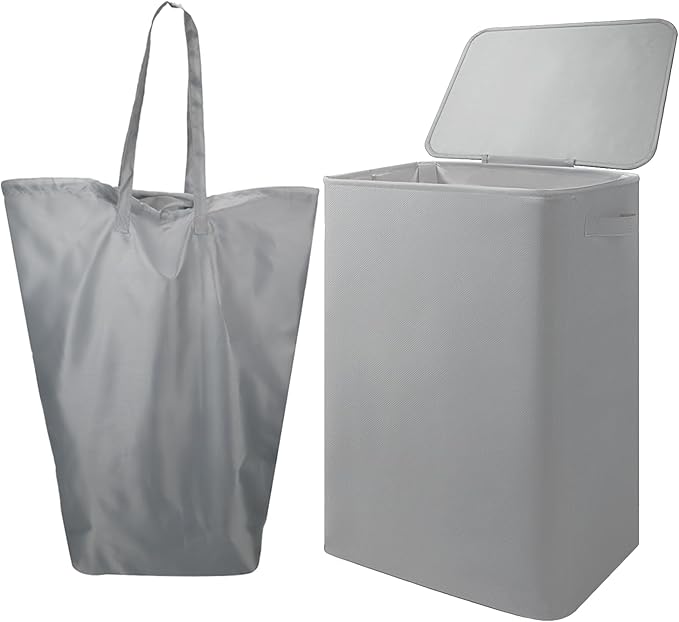 Foldable Laundry Hamper with Lid & Laundry Bag with Drawstring,Portable Laundry Basket with Easy Carry Handles,Clothes Hamper Space Saving Organizer for Bathroom,Bedroom,College Dorm,RV,Grey