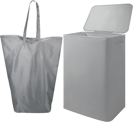 Foldable Laundry Hamper with Lid & Laundry Bag with Drawstring,Portable Laundry Basket with Easy Carry Handles,Clothes Hamper Space Saving Organizer for Bathroom,Bedroom,College Dorm,RV,Grey