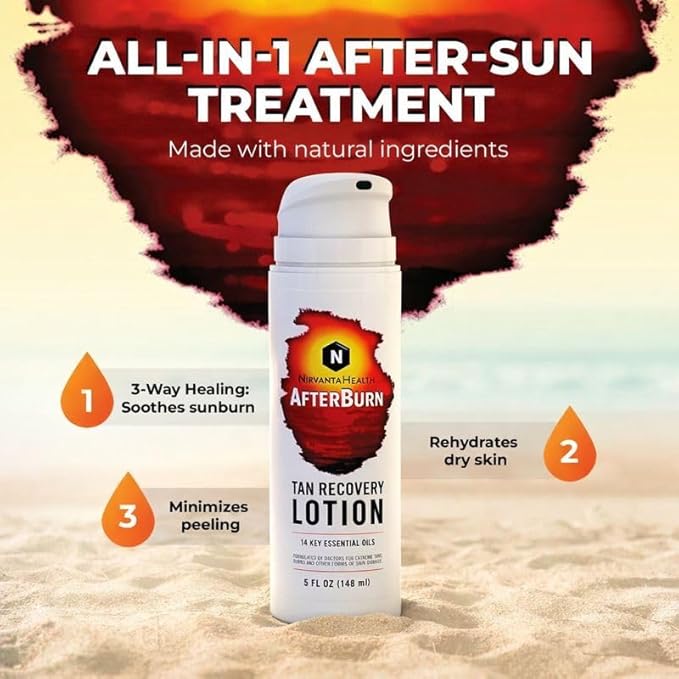 Nirvanta All-in-One AfterBurn Tan Recovery Lotion – Doctor-Formulated Aftersun Lotion w/Natural Ingredients & 14 Essential Oils for All Ages – After Sun Care for Deep Hydration & Peeling Minimization
