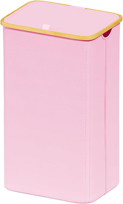 SUOCO Laundry Hamper with Lid, 29 Gal (110L) Clothes Basket with Bamboo Handles, Large Foldable Laundry Hamper for Bedroom, Bathroom, Dorm, Laundry Room - Pink