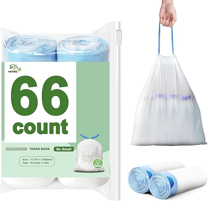 66 Count-Small Trash Bags,4 Gallon Trash Bag Drawstring,Bathroom Garbage Bags,Tear-Free Garbage Bags,Plastic Wastebasket Liners for Toilet Home Office and Bedroom(White)