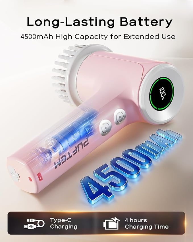 PUFTEM Upgraded Electric Spin Scrubber, Powerful Cordless Shower Scrubber with 4500mAh Large Battery & Speed Display, 6 Replaceable Brush Heads, Cleaning Brush for Bathroom Tile Tub Floor (Pink)