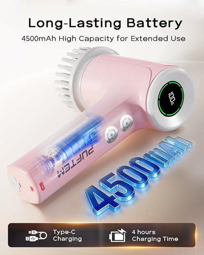 PUFTEM Upgraded Electric Spin Scrubber, Powerful Cordless Shower Scrubber with 4500mAh Large Battery & Speed Display, 6 Replaceable Brush Heads, Cleaning Brush for Bathroom Tile Tub Floor (Pink)