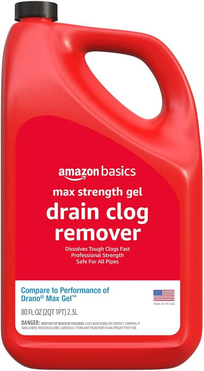 Amazon Basics Max Strength Drain Cleaner Gel, Hair Clog Remover, Dissolves Grease, Safe on All Pipes, 80 Fl Oz