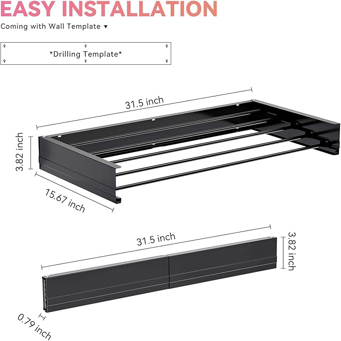 APEXCHASER Wall Mounted Clothes Drying Rack, 32'' Laundry Drying Rack Retractable, Towel Racks for Bathroom Balcony Laundry Room Wall Mount, Foldable Drying Rack for Clothing, Black