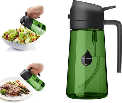 2 in 1 Oil Sprayer for Cooking, Olive Oil Dispenser Bottle for Kitchen Spray and Pour, 16oz/470ml Light-Blocking Dark Green Glass Bottle, Food-Grade Oil Mister for Air Fryer Black Cap