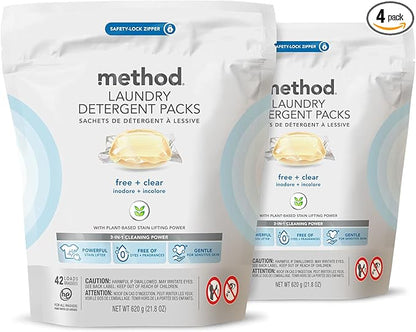 Method Laundry Detergent Packs; Fragrance Free + Clear; Stain Remover that Works in Hot & Cold Water; 42 Packs per Bag; 2 Pack (84 Loads); Packaging May Vary