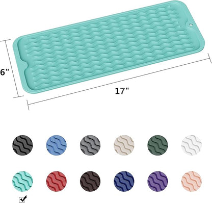 ZLR Silicone Sponge Holder & Sink Caddy Tray (6" x 17") - Narrow Dish Drying Mat for Kitchen Counter - Waterproof Soap Dispenser Organizer, Non-Slip Bathroom Vanity Tray (Mint Green)