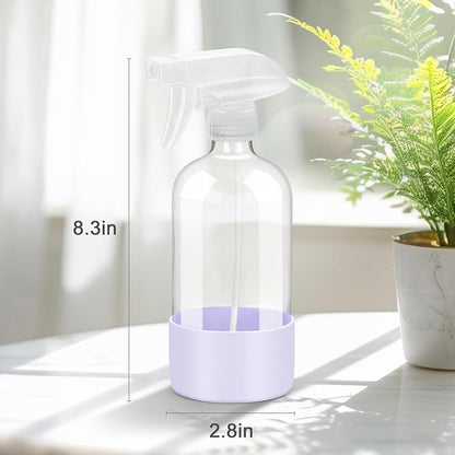 Worldgsb 2 Pack Glass Spray Bottles with Silicone Sleeve, 16 oz Empty Refillable Containers with Adjustable Spray Nozzles, Spray Bottles for Hair, Cleaning Solutions and Plants Purple