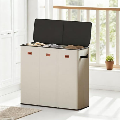185L Laundry Hamper 3 Section with Lid, Beige Clothes Hamper with 3 Removable Laundry Bags, Large Laundry Basket for Bedroom, Laundry Room, Dorm