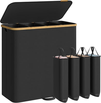SONGMICS Laundry Hamper, Laundry Sorter with Lid, Storage Basket Bin, Removable Liners, Bamboo Frame, for Bedroom, 4 Sections, 59.4 Gallon (225 L), Ink Black ULCB534BH01