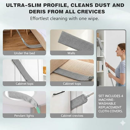 Retractable Gap Dust Cleaner - Ultra-Thin Flexible Duster with 4 Washable Microfiber Pads, Extendable Pole for Under Refrigerator, Blinds, Appliances, and Hard-to-Reach Areas Cleaning Tool
