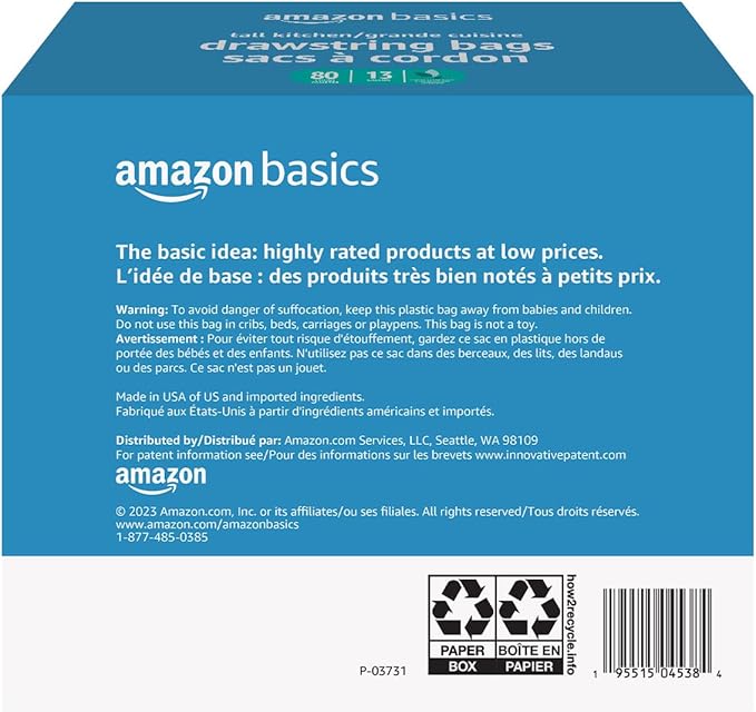 Amazon Basics Ultra-Force Tall Kitchen Drawstring Trash Bags, Classic Clean Scented, 13 Gallon, 80 Count with Odor Control