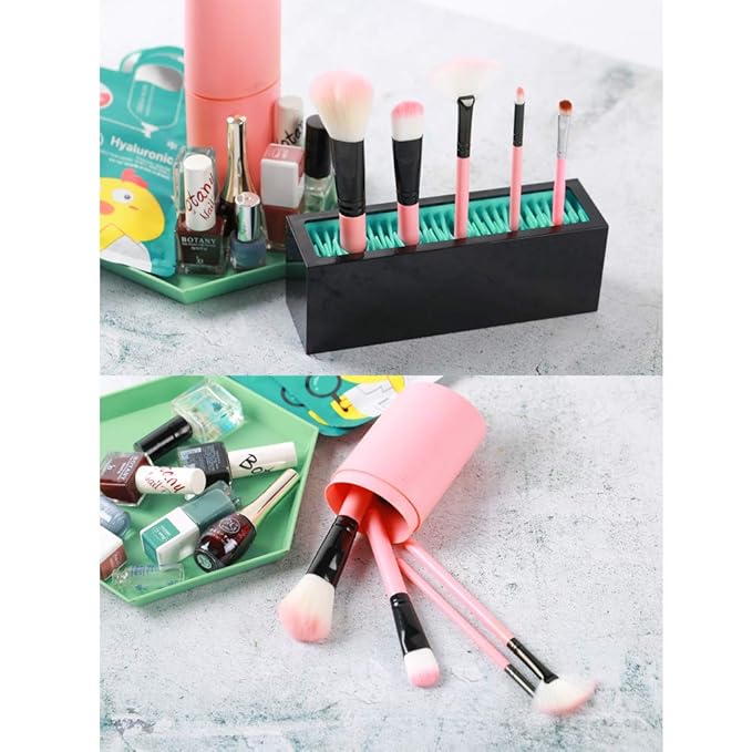 JAMEND CLXP Makeup Brushes Holder Organizer, Silicone Vanity Air Drying Rack Display Storage for Brush, Eyeliners and More, Practical Cosmetic Tools Container (Pink-White)
