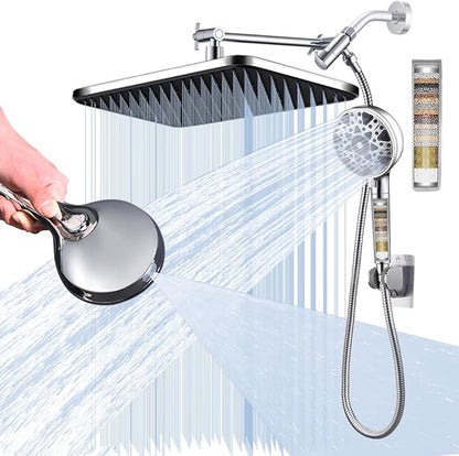 14'' Bathroom Filtered Shower Head with Handheld -Both High Pressure -Rain Shower Hea&9 Spray Mode Showerhead with Filters, 11'' Extension Arm Height Adjustable & 70" Anti-Kink Hose, Chrome