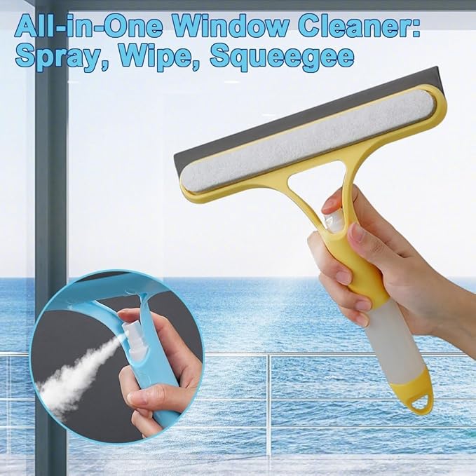 3 in 1 Window Cleaner Tool with Built-in Spray Bottle, Squeegee and Brush - 2026 New for Shower Glass, Mirrors, Car Windows (Blue)
