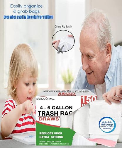 BEIDOU-PAC Trash Bags 4-6 Gallon Drawstring, 150 Count, Multifold Roll Garbage Bags, Medium Kitchen Trash Bags, Odorless & Heavy Duty White Plastic Food Scrap Bags for Bathroom Bedroom Office Waste