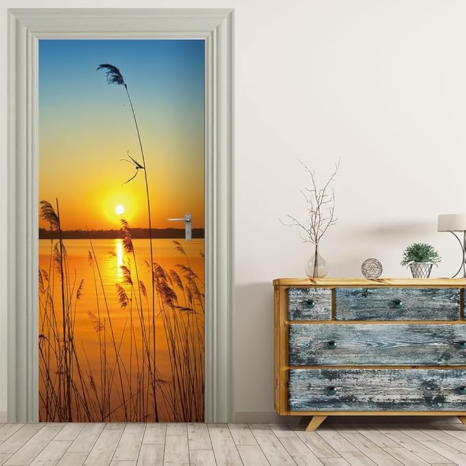 3D Door Stickers Murals Peel and Stick Wallpaper -Sunset Glow- PVC Self-Adhesive Door Decals Removable Waterproof Poster for Bedroom Living Room Home Door Wall Decoration 39.3x86.6 inch