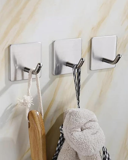 8 Pack Adhesive Wall Hooks, Self-Adhesive Hooks for Bathroom, Door Back Stick-On Towel Hooks, Hanging Coat Hat Key Washcloths Aprons Oven Mitts for Kitchen Shower Garage Home, Silver
