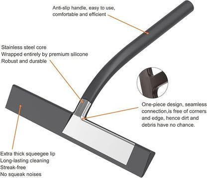 All -Purpose Silicone Shower Squeegee for Shower Glass Door with Hook, Bathroom Accessories for Window Mirror Tile Car Shower Walls,Household Shower Cleaner Tool (Black, 11inch)