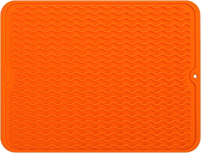 MicoYang Silicone Dish Drying Mat for Multiple Usage,Easy clean,Eco-friendly,Heat-resistant Silicone Mat for Kitchen Counter or Sink,Refrigerator or drawer liner Orange L 16 inches x 12 inches