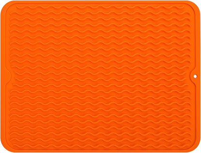 MicoYang Silicone Dish Drying Mat for Multiple Usage,Easy clean,Eco-friendly,Heat-resistant Silicone Mat for Kitchen Counter or Sink,Refrigerator or drawer liner Orange L 16 inches x 12 inches