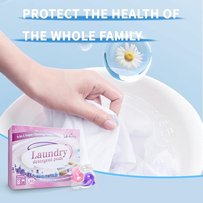 YUCO Pods Laundry Detergent Hypoallergenic, 3IN1 Super Cleaning Power, Microcapsule Fragrance Retention Technology (Floral Scent,1 Box of 32 Pod,Net 15g/pod,Net 480g)