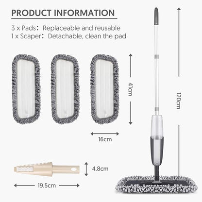 MANGOTIME Spray Mop for Floor Cleaning - Microfiber Dry Wet Floor Mop with 3 Washable Pads & 1 Refillable Bottle for Hardwood Laminate Tile Wood Vinyl Ceramic