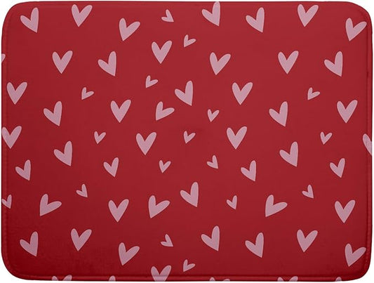 Valentines Dish Drying Mat for Kitchen Counter 18x24 Inch Valentine's Day Red Pink Love Heart Print Absorbent Reversible Microfiber Drying Mats Kitchen Countertop Protector Dishes Drainer Rack Pad
