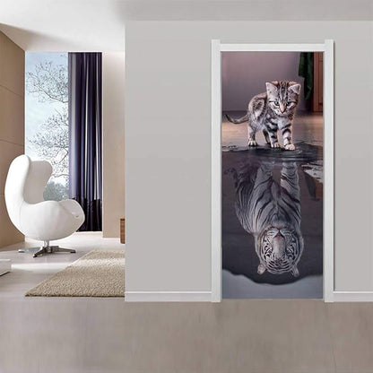 3D Cat to Tiger Transformation Door Sticker - Premium PVC, Matte Finish, White, Contemporary Style Peel & Stick, Waterproof, Removable 35.4" x 78.7" (2 Pieces) for Doors, Walls
