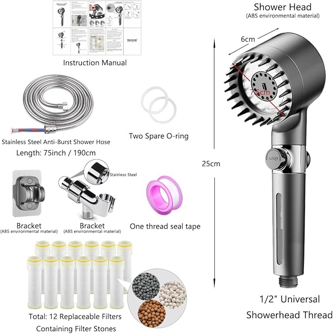 Filtered Shower Head with Handheld, 12 Replacement Filters for Hard Water & Chlorine Removal, 75" High Pressure Anti-Burst Hose, Power Wash for Deep Cleaning & One-Button Pause Switch for Kids & Pets