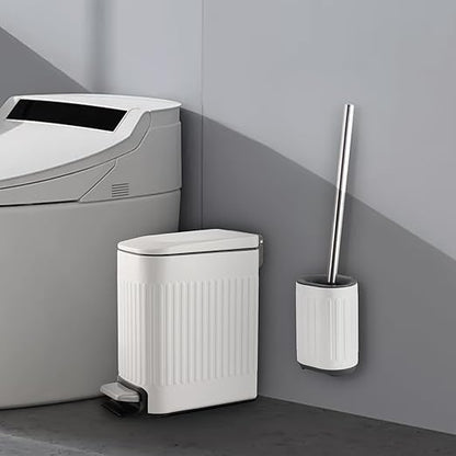 Bathroom Trash Can with Toilet Brush - 1.6 Gallon Slim Stainless Steel Garbage Can, Small Wastebasket for Bathroom, Office, Bedroom, Silicone Toilet Brush Included, White