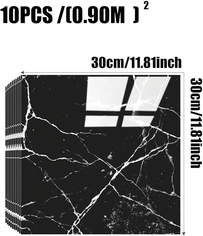Chejiaye 10pcs Marble Peel and Stick Backsplash Waterproof Washroom Wall Panels, Peel and Stick Tile, PVC Wall Panels for Kitchen (Black Marble Tiles, 11.8" x 11.8" x2.5MM x 10Pack)