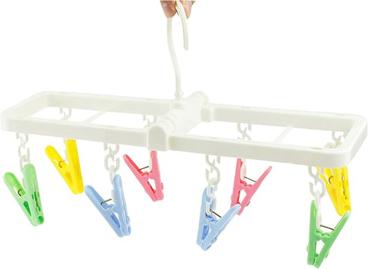 EIKS Laundry Hanger Drying Rack with 8 Clips for Towels, Bras, Baby Clothes, Gloves, Portable & Foldable & Compact Size for Travel